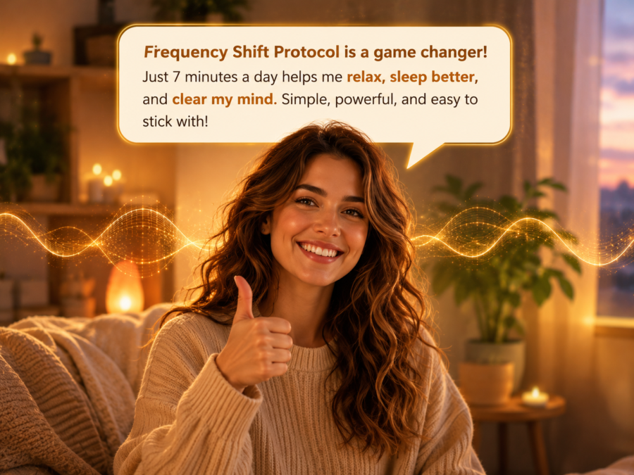 Smiling woman gives a thumbs up beside a testimonial quote praising the Frequency Shift Protocol audio program.