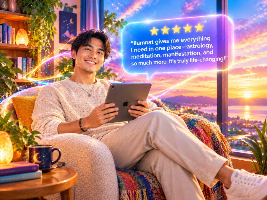 Smiling man in a cozy, sunset-glow room holds a tablet beside a glowing purple five-star Ilumnat review bubble