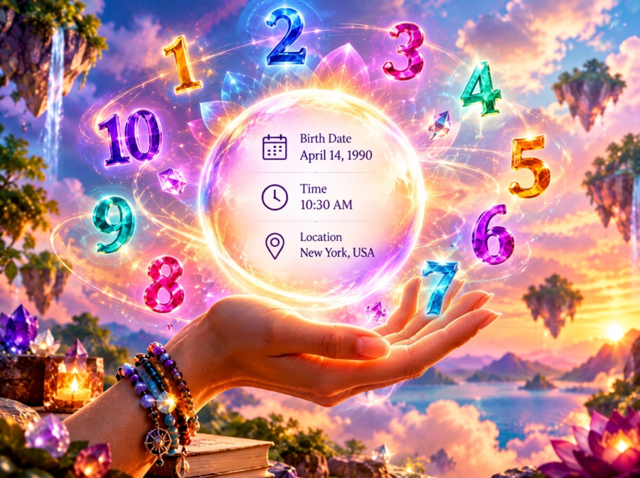 Hand holding a glowing orb with birth chart details, circled by numbers 1 to 10 for astrology and numerology tools