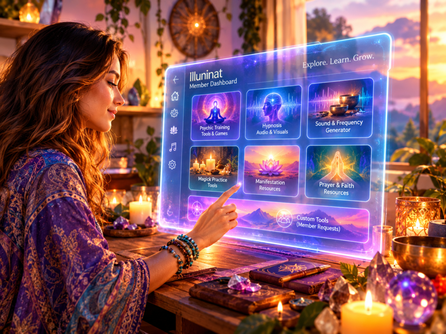 Ilumnat membership dashboard showing psychic training tools and spiritual development resources