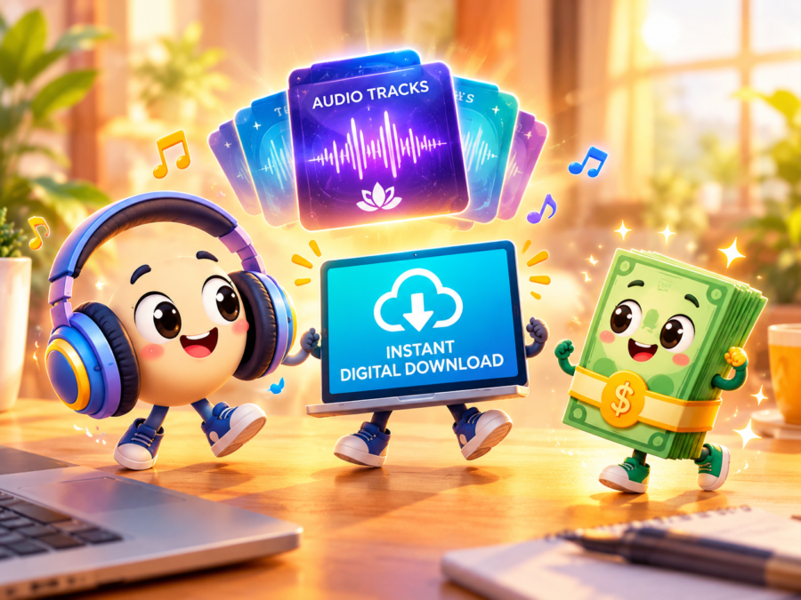 Cartoon characters with headphones, a laptop, and cash celebrate audio track cards and an instant digital download