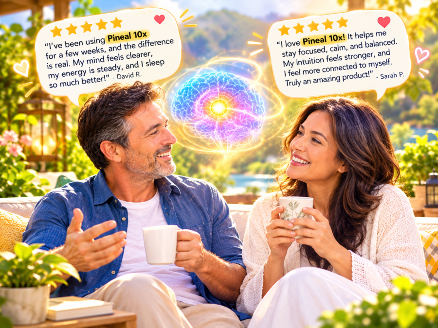 Man and woman on patio holding coffee mugs beside five-star Pineal 10x testimonial quotes and a glowing brain graphic
