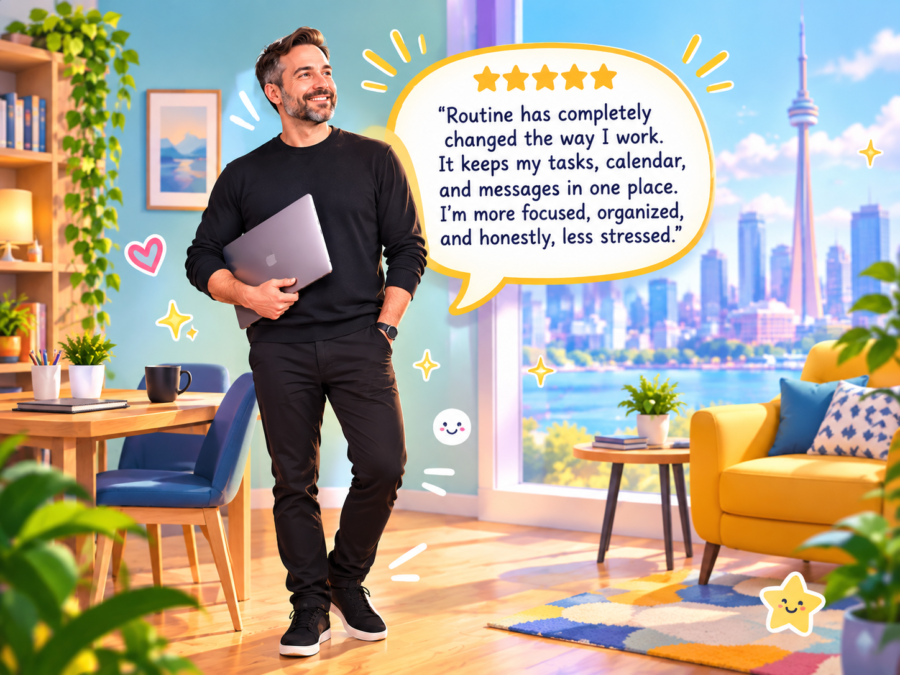 Smiling professional with a laptop and a speech bubble praising Routine for uniting tasks, calendar, and messages