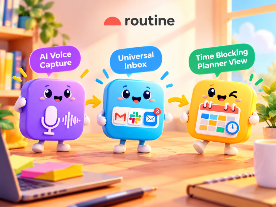 Routine app features including AI voice capture, universal inbox, and time blocking planner view