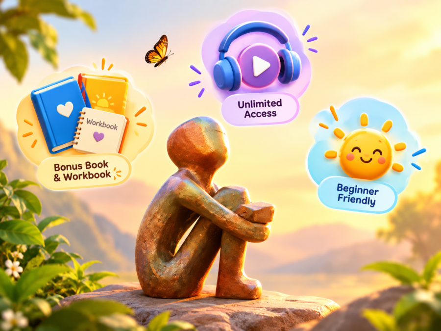 Seated figure at sunrise with icons for a bonus workbook, unlimited audio, and beginner-friendly self-hypnosis