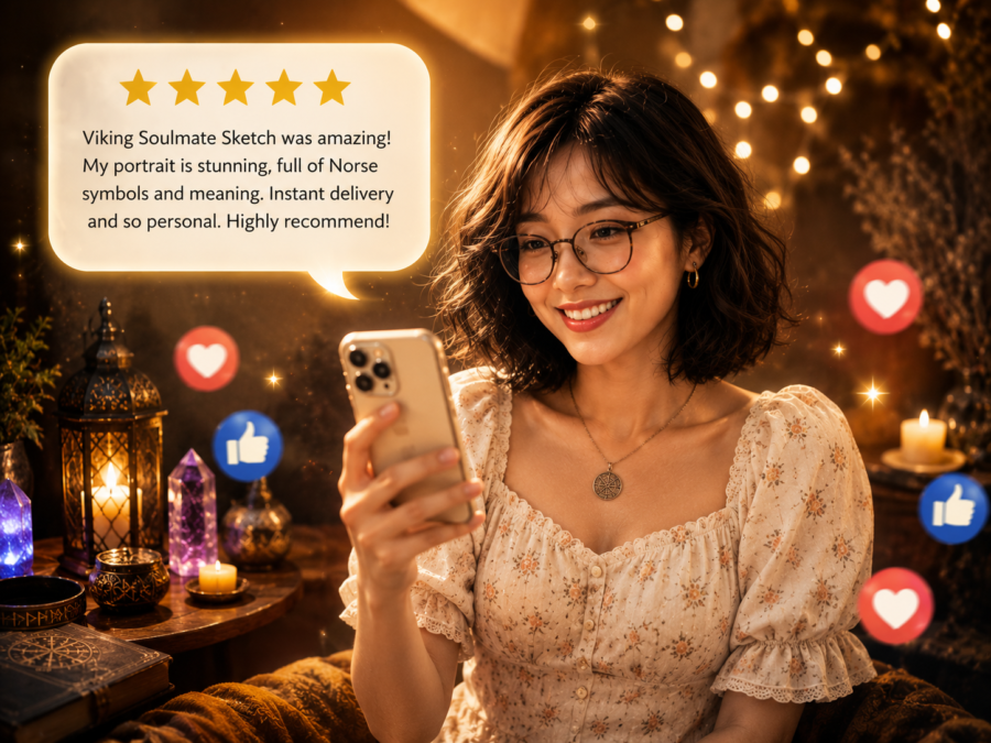 Woman smiling at her phone with a five-star review bubble for Viking Soulmate Sketch, surrounded by candles and rune crystals.