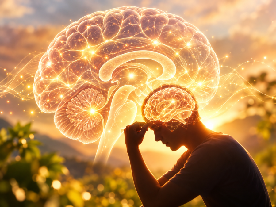 Man with head bowed at sunset beneath a glowing brain and sound waves, evoking wealth frequency meditation