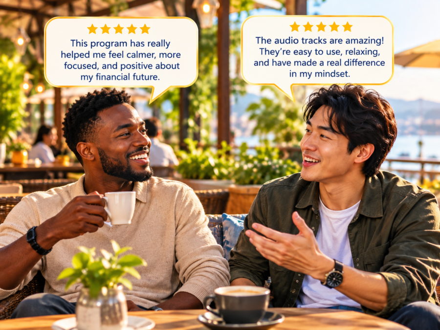 Two men smiling over coffee at a sunny café, with five-star review bubbles praising the wealth frequency audio tracks
